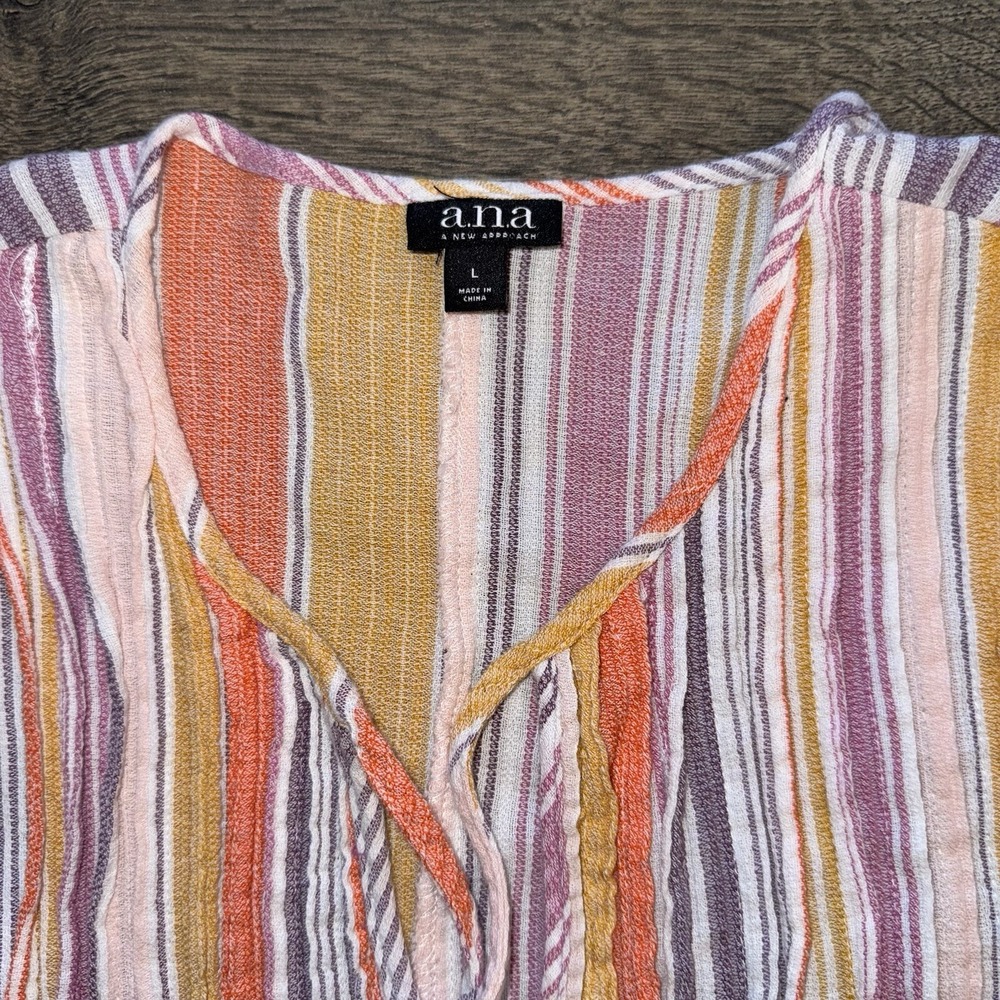 a.n.a Woman Large Shirt Rainbow Striped Tassels Pleated Long Sleeve Blouse Boho - Picture 2 of 14